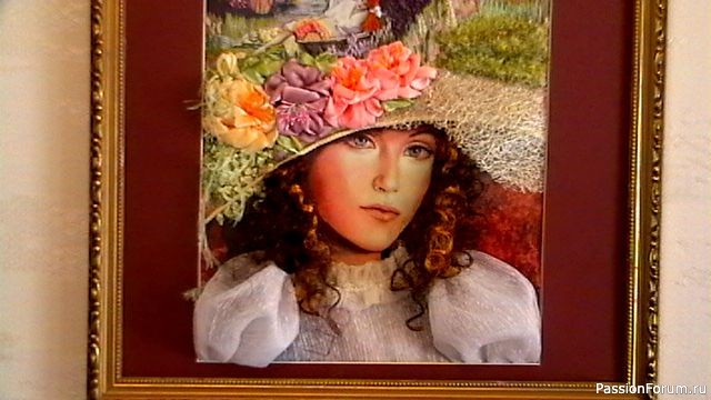 Картина "Бабушкина шляпа" , вышитая в нескольких техниках