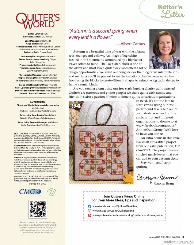 Коллекция проектов для рукодельниц в журнале «Quilter's World - Autumn 2025»