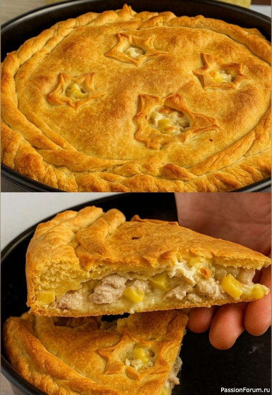 Сытный и ароматный пирог с курицей и картошкой