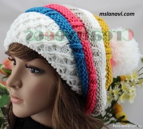Яркие вязаные шапки спицами для девушек